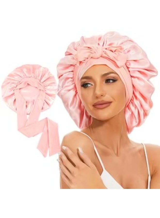 Premium Silk Satin Hair Bonnet with Adjustable Ribbon Tie  Soft Night Sleep Cap for Hair Protection, Frizz Control, and Retaining Moisture Pink bonnet - Image 4
